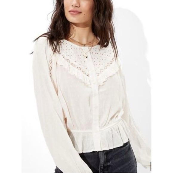 American Eagle Outfitters Tops - American Eagle Cream Eyelet Ruffle Boho Peplum Blouse Size Medium